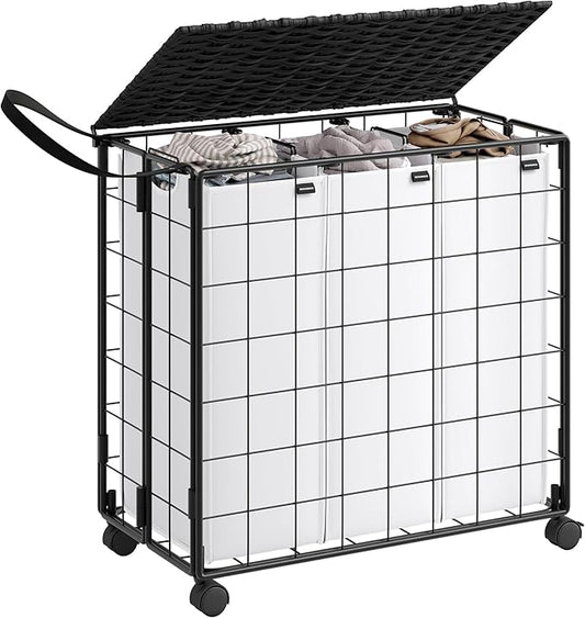 SONGMICS Laundry Hamper, 130L Laundry Basket with Lid, Clothes Hamper with Wheels, Collapsible Removable Liner Bag, Iron-Made Laundry Sorter, Ink Black and Cloud White ULCB313B12