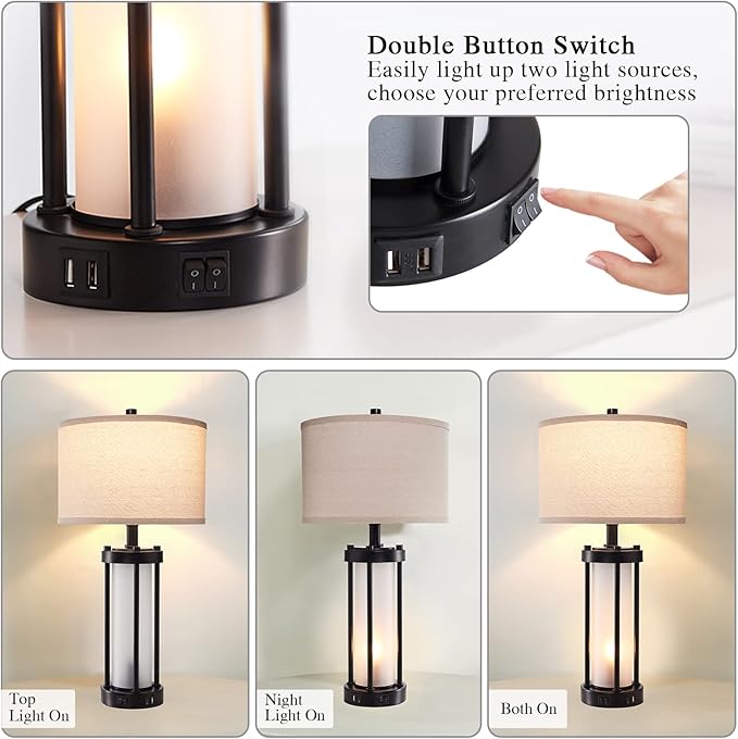 RORIA Set of 2 Modern Table Lamps for Living Room with 2 USB Ports, White Frosted Glass Nightlight for Bedroom, Contemporary Desk Lamps for Nightstand End Table Entryway, 4 Bulbs Included (Black)