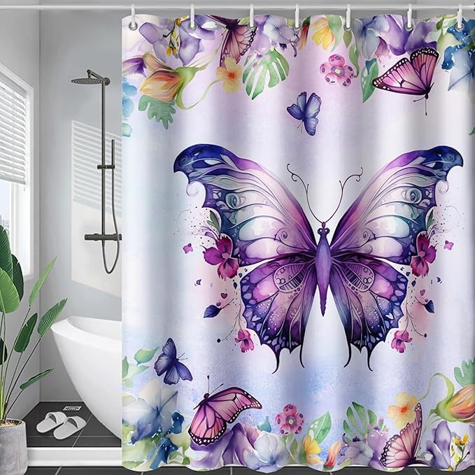 AILONEN Butterfly Shower Curtain for Bathroom, Purple Butterfly Bath Curtain Decor,Modern Printed Waterproof Shower Curtain with 12 Plastic Hooks (Kids/Girls/Women/Teen/) 48" W*72" H