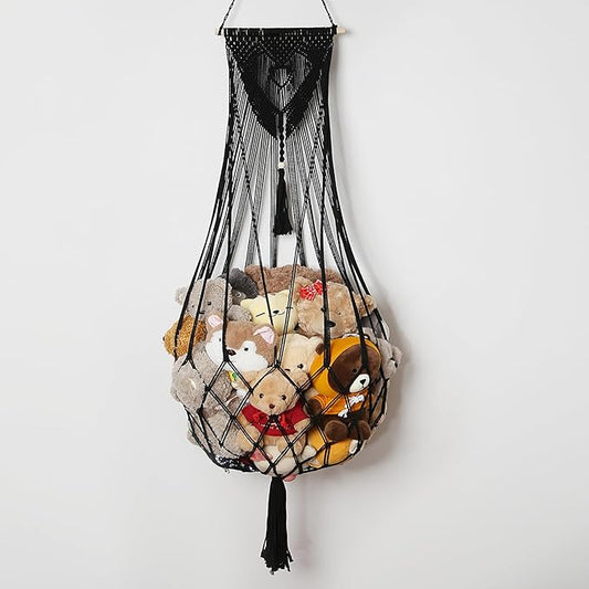 Stuffed Animal Net or Hammock Corner or Wall Hanging Net for Plush Toy Storage Boho Macrame Toy Display Nursery Bedroom Decor Stuffy Animal Toy Organizer (Black)