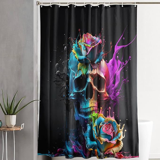 AILONEN 3D Sugar Skull Shower Curtain,Colorful Rose with Skeleton Design Shower Curtain Set with Hooks for Boys Girls Teens,Colour Inkjet Theme72 W*96" H
