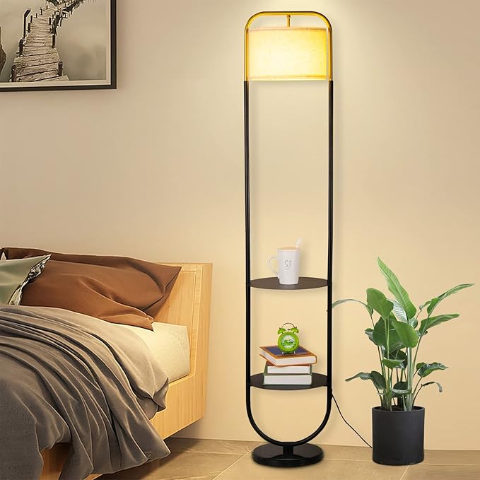 beaysyty Modern Elegant with Double Tray Floor Lamp for Office Cafe Den Living Room Bedroom,Foot Switch and Black Finish,Beige Cloth Lampshade Arc Floor Lamp
