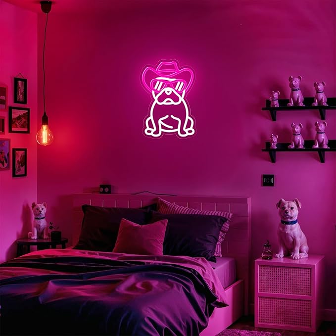 Dog Neon Sign for Wall Decor,Dimmable French Bulldog with Cowboy Hat & Glasses Neon Light,Pink White Puppy Light Up Signs for Pet Shop Bedroom Party Bar Background Decoration