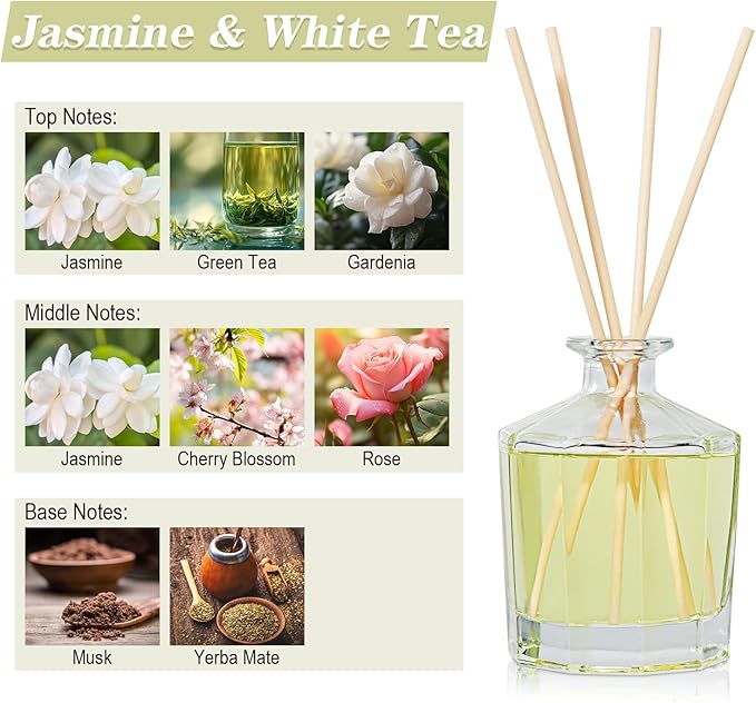 L'odeur Vill Reed Diffuser, 8.5 Oz(250ml)Jasmine & White Tea Bathroom Diffuser with 10 Sticks, Scented Diffuser Home Fragrance Essential Oil Reed Diffuser Set for Home Large Rooms Bathroom Shelf Decor