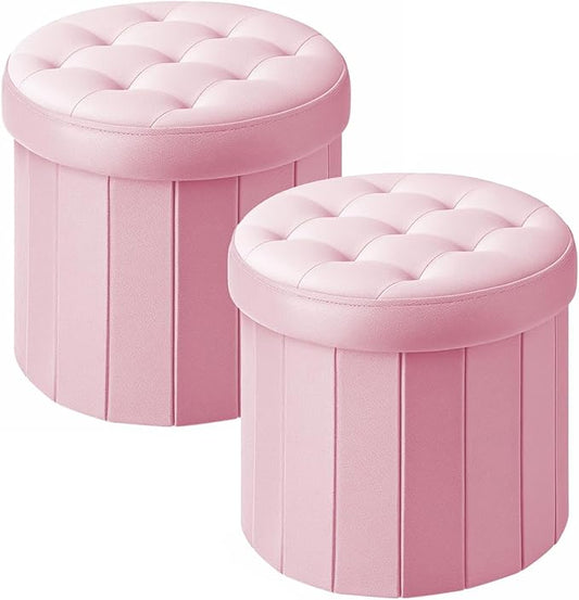 Ottoman with Storage, Foot Rest Stool with Thicker Foam Padded Seat Velvet Small Round 14“ x 14” x 13 "Inchs Storage Ottoman Bench for Living Room Foldable Pouf Coffee Table 2 Pack, Pink