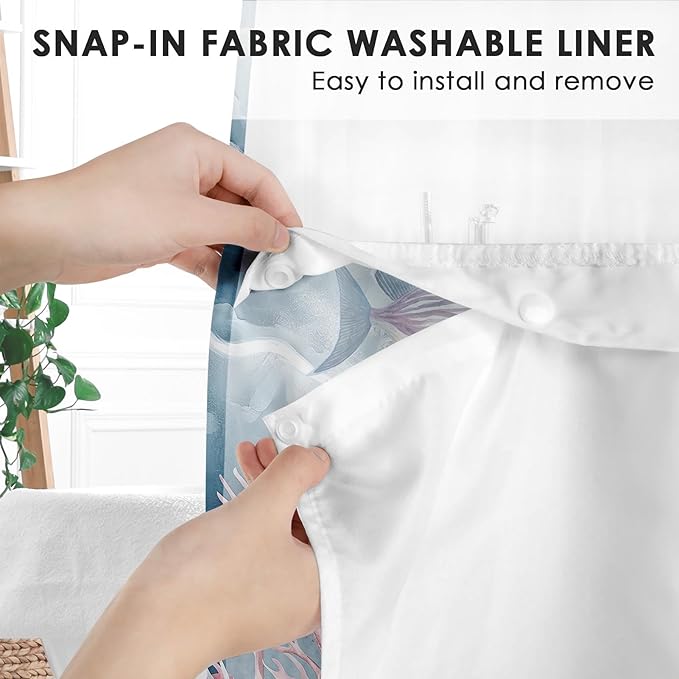 Sea Shells Coral No Hook Shower Curtain with Snap in Liner, Starfish Seashell Underwater Bath Curtain with Double Layers Waterproof Fabric and Mesh Top Window 71x74 Inch