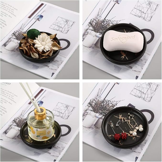 Ceramic Soap Dish Tray Holder for Bathroom or Kitchen,Jewelry Tray,Trinket Plate,Home Décor,Elegant Black Color