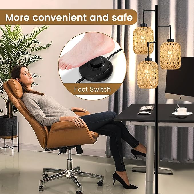 Floor Lamp for Living Room,Bedroom,Boho Rattan Tree 3 Lights Farmhouse Floor Lights,Industrial Black Standing Lamp Wicker Rustic Tall Lamp,Woven Bamboo LampShade Floor Lamps Bohemian