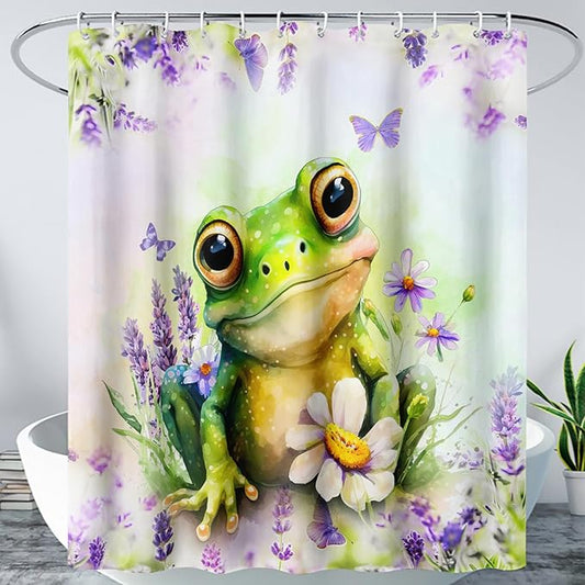 AILONEN Cartoon Frog Shower Curtain, Cute Green Frog Shower Curtain Set with Hooks for Kids Boys Girls,Purple Flowers Tropical Amphibian Waterproof Fabric Shower Curtain for Bathroom,36" W*72" H
