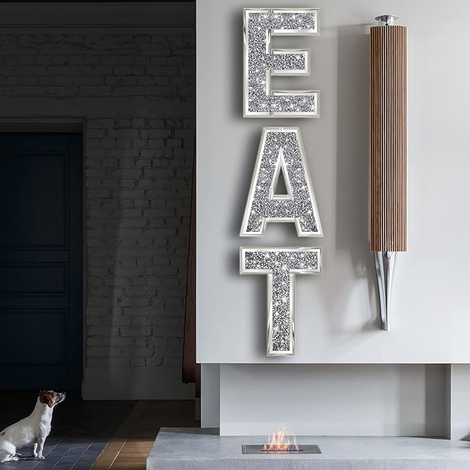 3 pcs Independent Letters EAT.Glam Crystal Diamond Letters.Silver Mirror Glass Home Decoration for Wall, Kitchen,Living Room, Fireplace, Bookshelf and Table.