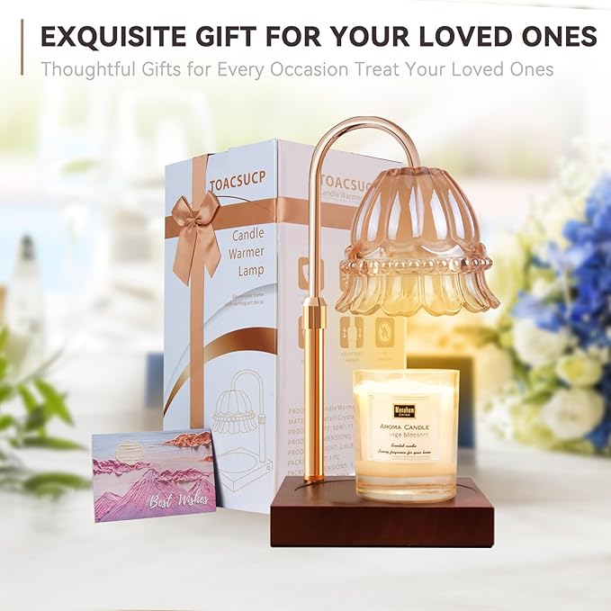 Candle Warmer Lamp with 3 Bulbs, Adjustable Height Dimmable Candle Warmer with Timer, Compatible with Large Jar Candles, Flower Candle Warmer with Charming Gift Box Ribbon(Light Brown)