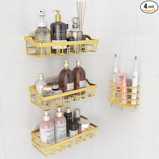 4 Pack Shower Caddy, Adhesive Shower Organizer for Bathroom Storage, Rustproof Stainless Steel Shower Shelves, No Drilling, Large Capacity Shower Rack Shelf for Inside Shower, Gold