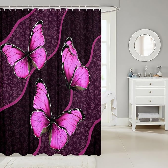 Feelyou Butterfly Shower Curtain 72"x84" Kids Butterflies Botanical Floral Print Bathroom Shower Curtain Set for Boys Girls Teens Geometric Stripes Bath Curtain Pink Bathroom Accessories