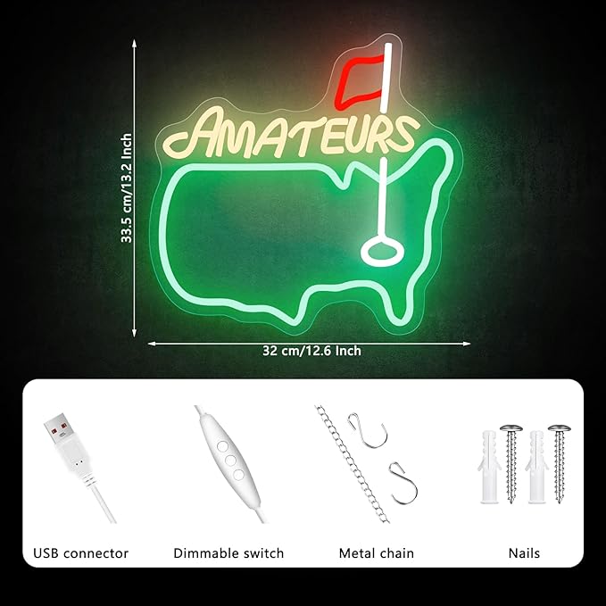 Amateurs Neon Sign, Golf Neon Signs for Wall Decor, Dimmable Led Signs for Bedroom, Light Up Signs for Golf Club Sports Bar Business Man Cave Party Decorations