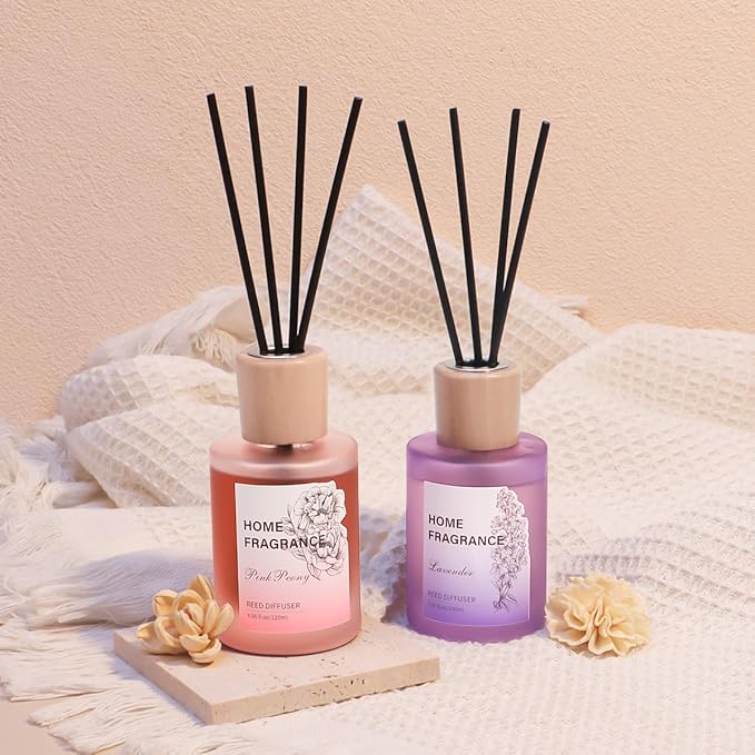 Reed Diffuser - Lavender&Pink Peony 4.06oz (120ml) 2 Packs Essential Oil Reed Diffuser Set with 16 Sticks, Long Lasting Fragrance for Home, Bathroom, Bedroom, Room, Decor