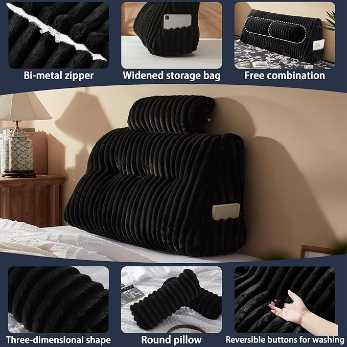 Faux Fur Headboard Pillow with 2 Pack Neck Roll Pillow Large Headboard Pillow Soft and Supportive with Removable Cover (Black, Twin)