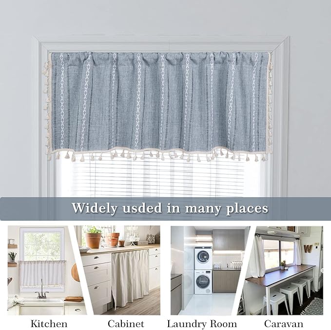 ColorBird Kitchen Short Curtains，52 x 18 inch Blue Striped Valance Curtains Light Filtering Tier Curtains, 1 Panel Embroidered Kitchen Window Curtains Over Sink for Laundry Room RV Camper