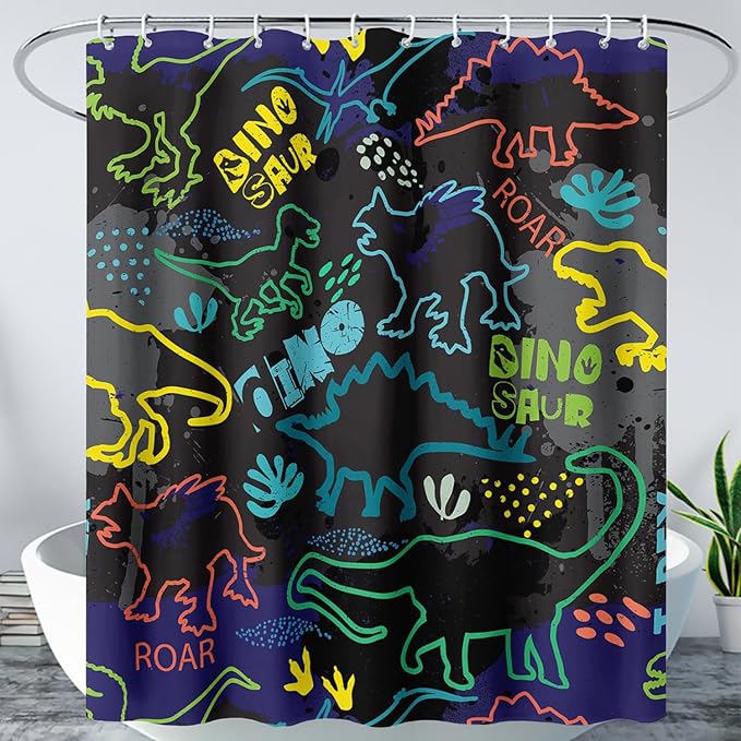 AILONEN Cartoon Dinosaur Shower Curtain 72" W*96" H for Bathroom,Teen Boys Dinosaur Bathroom Shower,Roaring Dinosaur Silhouette Boys Shower Curtain Polyester Waterproof Bath Curtain with 12 Hooks