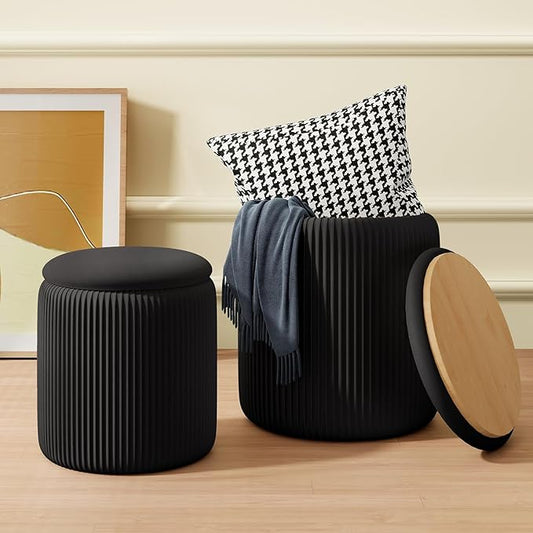 Black Velvet Ottoman with Storage Set of 2, Round Storage Ottoman Foot Rest, Black Makeup Vanity Chair, Small Vanity Stool with Storage, Pouf Ottomans for Living Room, Bedroom