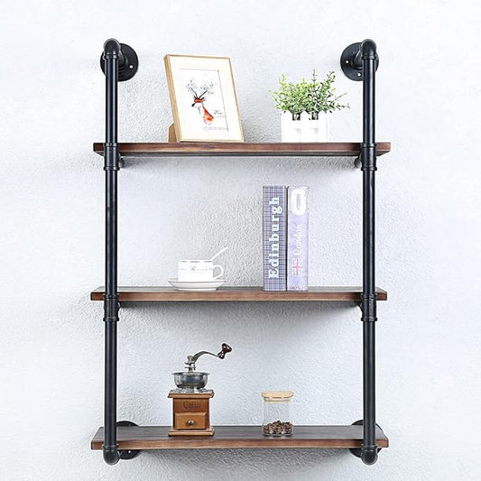 Industrial Pipe Shelving Wall Mounted,24in Rustic Metal Floating Shelves,Steampunk Real Wood Book Shelves,Wall Shelf Unit Bookshelf Hanging Wall Shelves,Farmhouse Kitchen Bar Shelving(3 Tier)