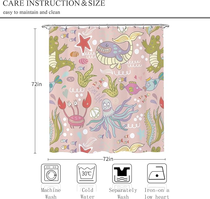 Pink Whale Kids Shower Curtain Set 72x72 Cute Cartoon Sea Animals Girls Shower Curtain for Bathroom Ocean Marine Theme Under Sea Bath Curtain Set Underwater Octopus Fish Kids Bathroom Decor