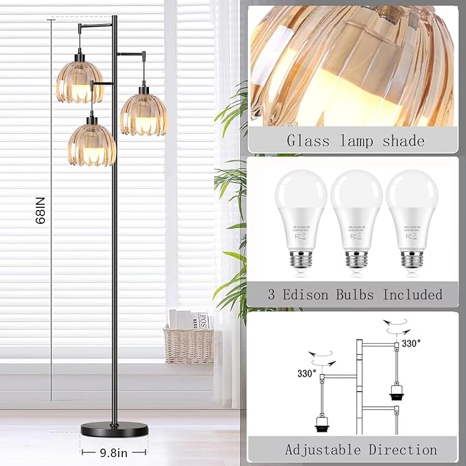 Gold Floor Lamp for Living Room,Bedroom,Tree 3 Light Standing Lamp Mid Century Modern Brass Tall Floor Lamps Vintage Retro Floor Lights Glass Flower Amber Lamp Shade Farmhouse Boho Bohemian