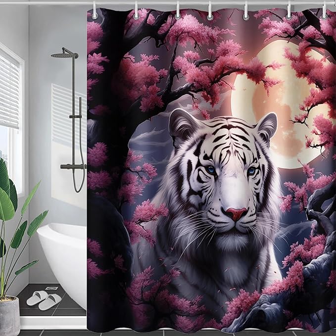 AILONEN Tiger Shower Curtains for Girls,Pink Flower White Tiger Bath Curtains for Bathroom Decor,Wild Animal Curtains Polyester Waterproof with 12 Plastic Hooks 72" W*78" H