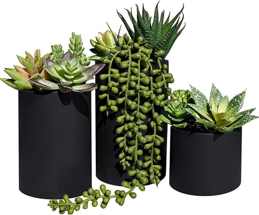 Winlyn Set of 3 Artificial Plants Decor Greenery Fake Succulents Indoor Potted Fake Plant with Black Planter for Farmhouse Room Bathroom Bedroom Kitchen Office Table Desk Decor