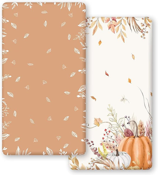 Horaldaily 2 Pack Fitted Crib Sheet for Boys Girls,Soft Breathable Washable Jersey Microfiber Baby Crib Sheet, Fits Standard Size Crib Mattress 28in x 52in, Floral Wheat Nursery Sheet White/Orange