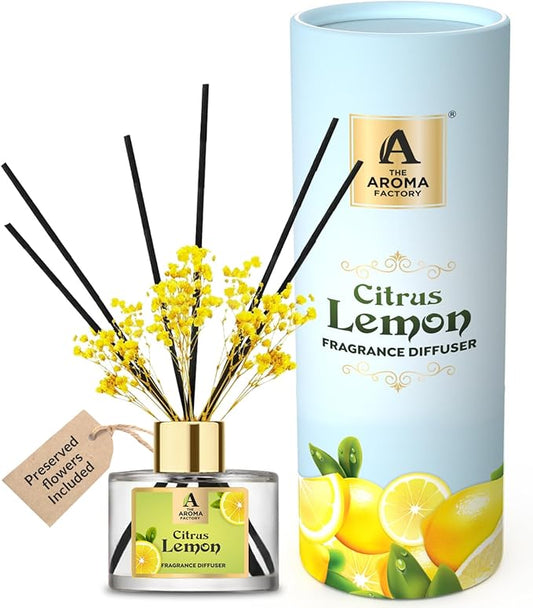 The Aroma Factory Fragrance Reed Diffuser Set with Natural Essential Oil, Aroma Sticks & Real Preserved Flowers | Luxury Home Decor Scent (Citrus Lemon, 1 Pack)