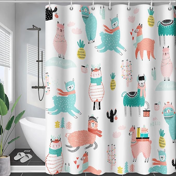 AILONEN Cute Llama Alpaca Shower Curtain 72" W*72" H Bathroom Curtains for Kids,Cartoon Animals Colorful Girls Cactus Bath Decor Fabric Polyester Waterproof Shower Curtain with 12 Pack Plastic Hooks