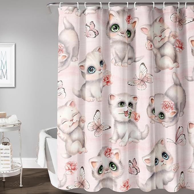 AILONEN Cat Kids Shower Curtain 48" W*72" H for Girls Teen,Kawaii Cat Butterfly Bath Curtain,Girls Pink Shower Curtain,Cat Lover Bathroom Curtain Decor Polyester Waterproof Curtain with 12 Hooks