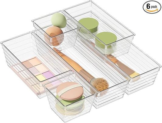 6 Pack Clear Drawer Organizer, Acrylic Drawer Storage Trays, Storage Bins for Makeup, Cosmetics, Jewelries, Utensils, Gadgets, Office