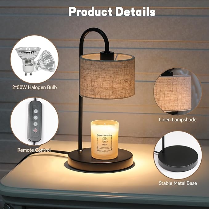 Candle Warmer Lamp with Timer, Dimmable Candle Wax Warmer Candle Lamp with 2 Bulbs, House Warming Gifts Brithday Gifts for Women Bedroom Home Decor - Linen