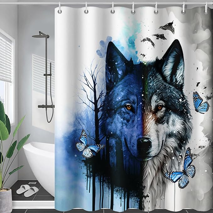 AILONEN Wolf Print Shower Curtain for Boys Men,Watercolor Wolf Bath Curtain 48" W*72" H Animal Wolf Bathroom Curtain Polyester Waterproof Wildlife Bathroom Curtain with 12 Hooks