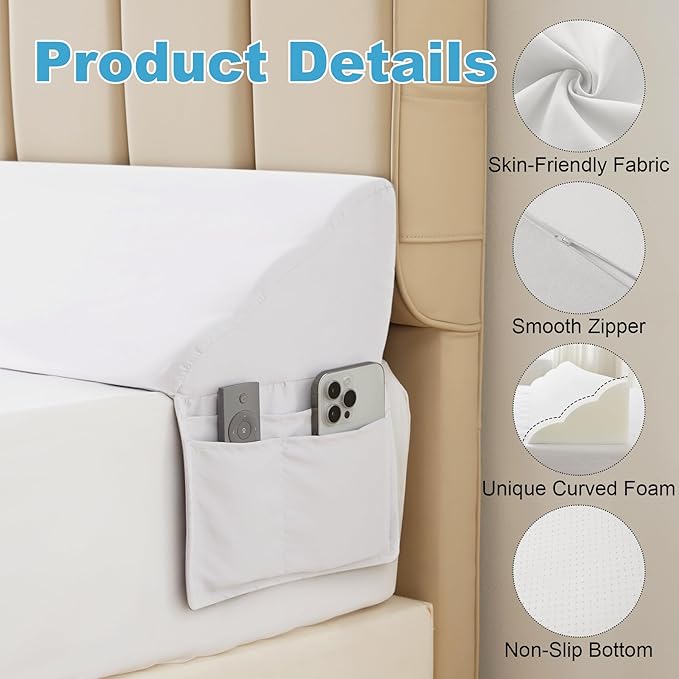 King Bed Wedge Pillow for Headboard, Foam Pillow Wedge for Headboard Gap, Mattress Bed Gap Filler King, Triangle Pillow Wedge, Anti-slip Bed Crack Pillow Space Filler King (76"×10"×6") White