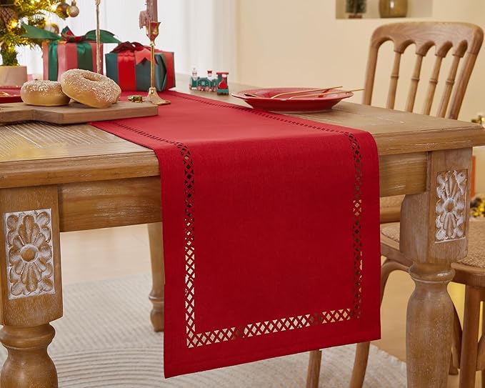 Burlap Style Farmhouse Table Runner, 13 x 72 Inch Red, Rustic Geometric Hollow Table Runners 72 Inches Long for Dresser Table Everyday Use, 13x72 Inches, Red