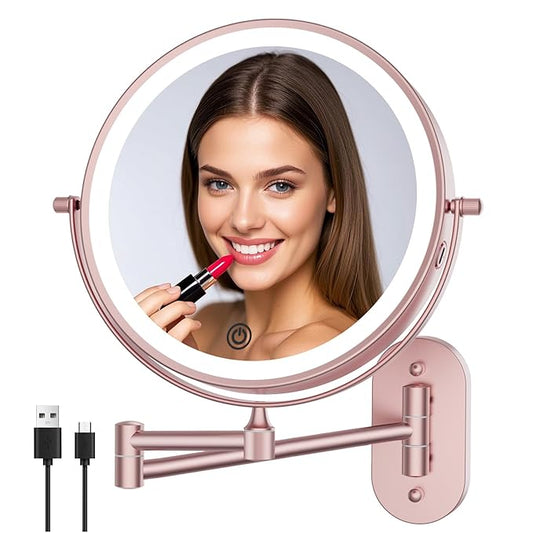 FUNTOUCH Rechargeable Wall Mounted Lighted Makeup Vanity Mirror 8 Inch Double Sided 1X 10X Magnifying Bathroom Mirror, 3 Color Lighting, Touch Dimming, Extended Arm 360° Light up Mirror