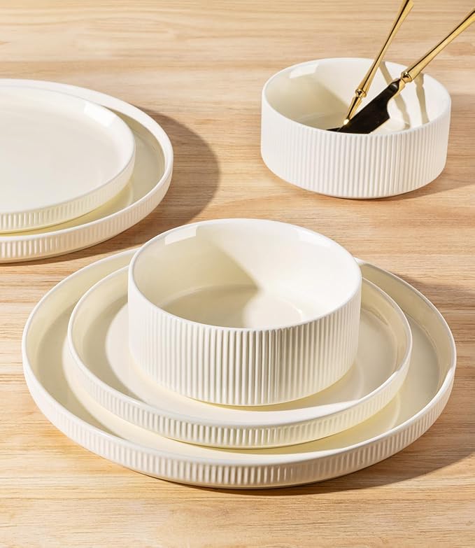 TheTerra Ceramic Dinnerware Sets for 4, 12 Pieces Porcelain Lightweight Plates and Bowls Sets, Scratch Resistant Dish Set, Oven & Microwave & Dishwasher Safe, Beige
