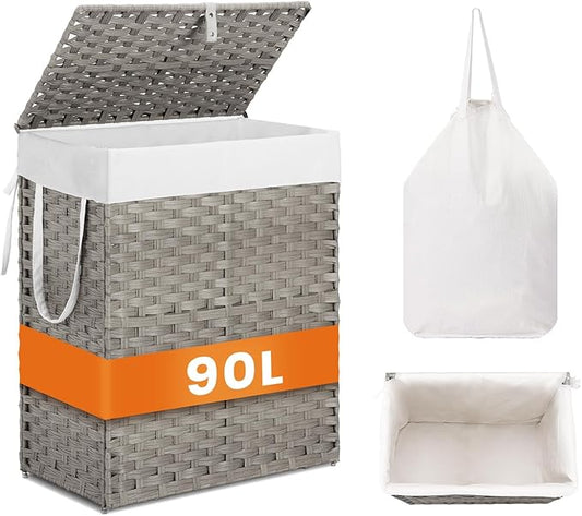 Sweetcrispy Foldable Laundry Hamper–Large Capacity Clothes Basket with Lid, 23.8 Gallon (90L) Bin for Bedroom, Bathroom, and Wash Room–Double Insert Storage Organizer, Dove Gray