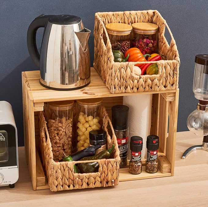 EZOWare Woven Open Front Storage Baskets, Natural Water Hyacinth Wicker Storage Trapezoid Organizer Bin Boxes with Handles for Closet Clothes Kids Room Nursery, Empty Decorative Gift - Set of 2