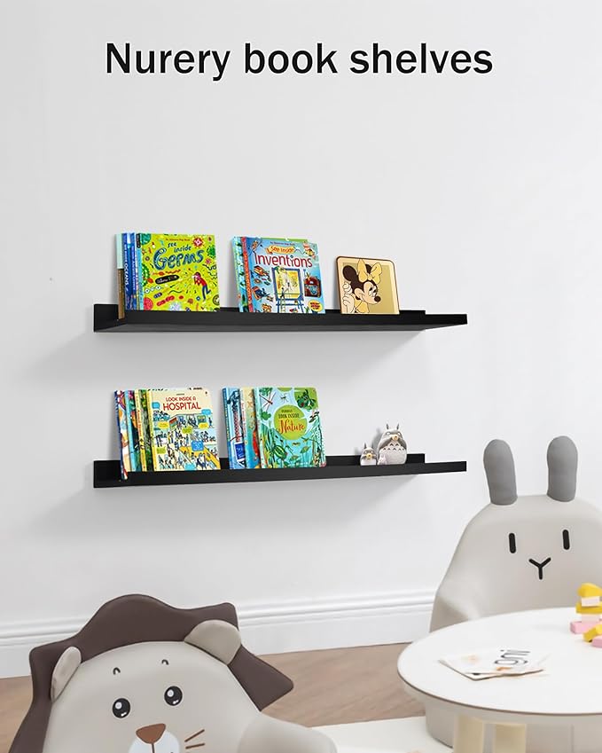 MBYD 36 Inch Floating Shelves Black, Wooden Hanging Shelves Picture Ledge Shelf, Photo Ledge Shelves for Wall with Lip Set of 2, Wall Mounted Shelf for Bedroom Kids Room Bathroom Same Sizes