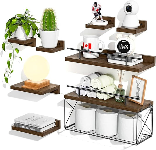 Floating Shelves for Wall Set of 8, Wall Shelves for Decoration and Storage, Bathroom Shelves with Wire Storage Tier, Wood Shelves for Bathroom, Living Room, Bedroom, Kitchen (Brown)