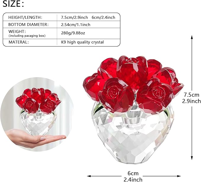 Crystal Flower Figurines - Glass Rose Home Decor - Romantic Flower Bouquet for Women（Red）