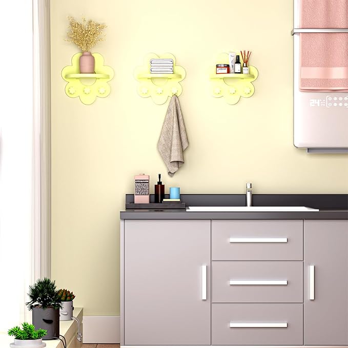 Floating Shelf for Wall, Hanging Display Wall Shelf with Hooks Wooden Daisy Flower Shelf for Bathroom Living Room Bedroom Wall Decor, (Light Yellow)