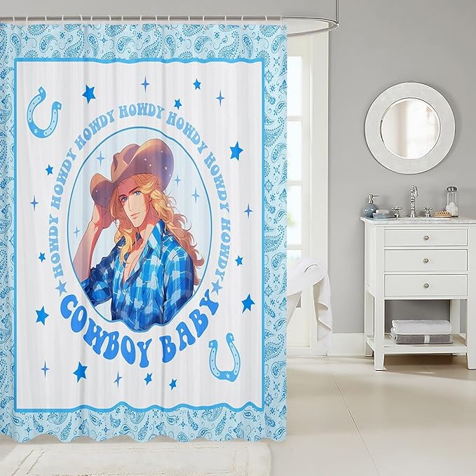 Western Cowboy Kids Shower Curtains,Starry Sky Horseshoes Geometric Patchwork Bathroom Curtains for Boys Men,Paisley Flowers Boho Blue Cartoon Waterproof Curtains,12 Hooks Suits,72" W x 84" L