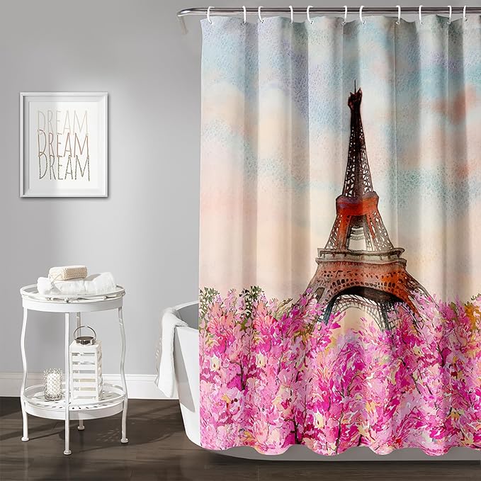 AILONEN Paris Tower Shower Curtain,Romantic Tower Theme Waterproof Fabric Shower Curtain Set for Girls Kids Teens, 72" W*72" H Pink Flowers Dreamy Eiffel Tower Shower Curtain