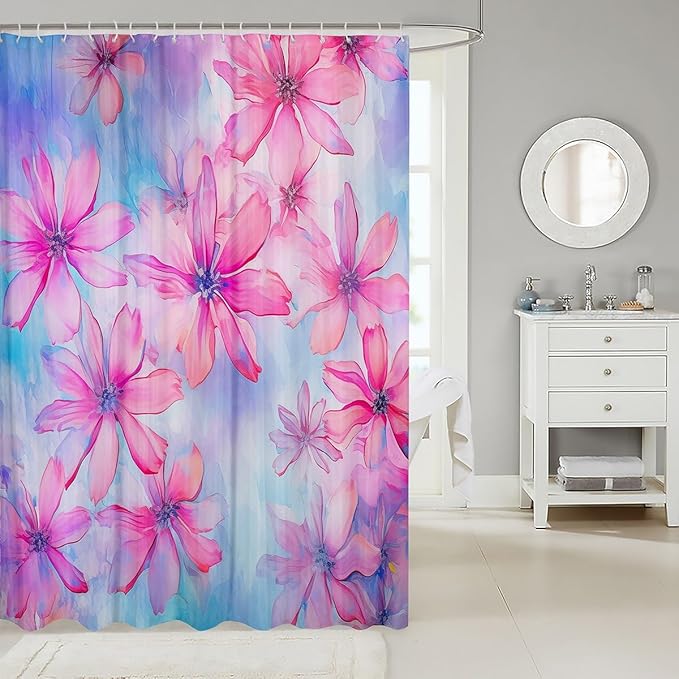 Feelyou Daisy Fabric Shower Curtain for Kids Boys Girls Pink Flower Bathroom Waterproof Accessories with 12 Hooks Floral Shower Curtain Wildflower Botanical Curtains,72x78 Inches