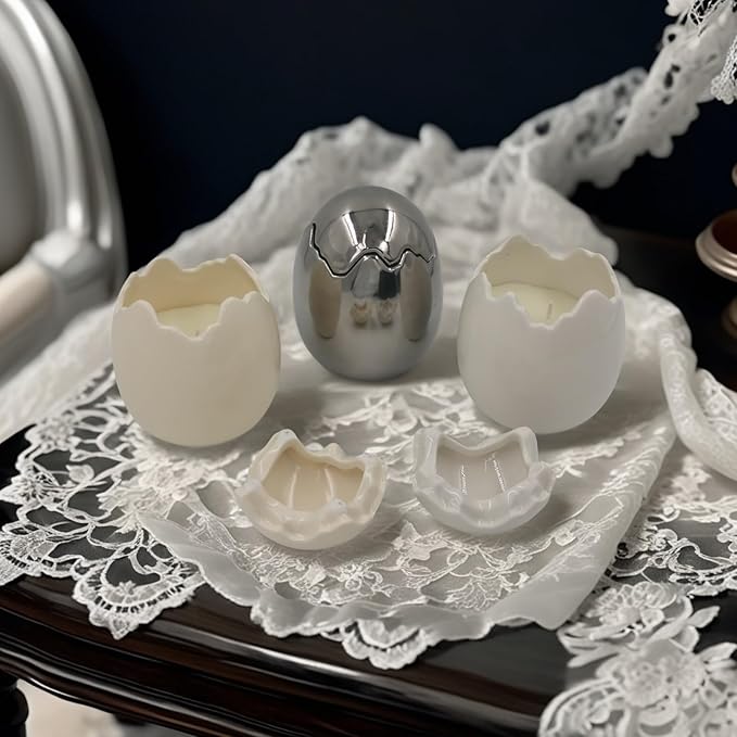 Easter Eggs Scented Candle,Natural Soy Wax, Creative Ceramic Eggshell, Aromatherapy Candle Gift Set, Candlestick Fragrance Gift Decoration (Silver)