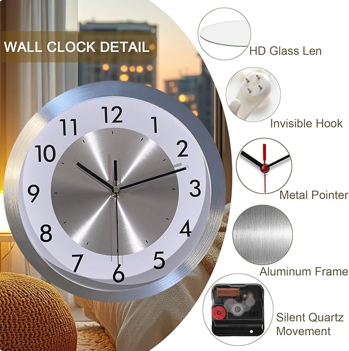 Non Ticking Silent Wall Clock Decorative,Analog Metal Wall Clock Battery Operated,Bedroom/Living Room/Office/Kitchen Clock,Sliver,12 inch